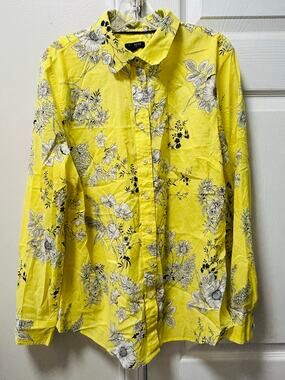 Talbots yellow floral button-up shirt with black/white floral print, size M